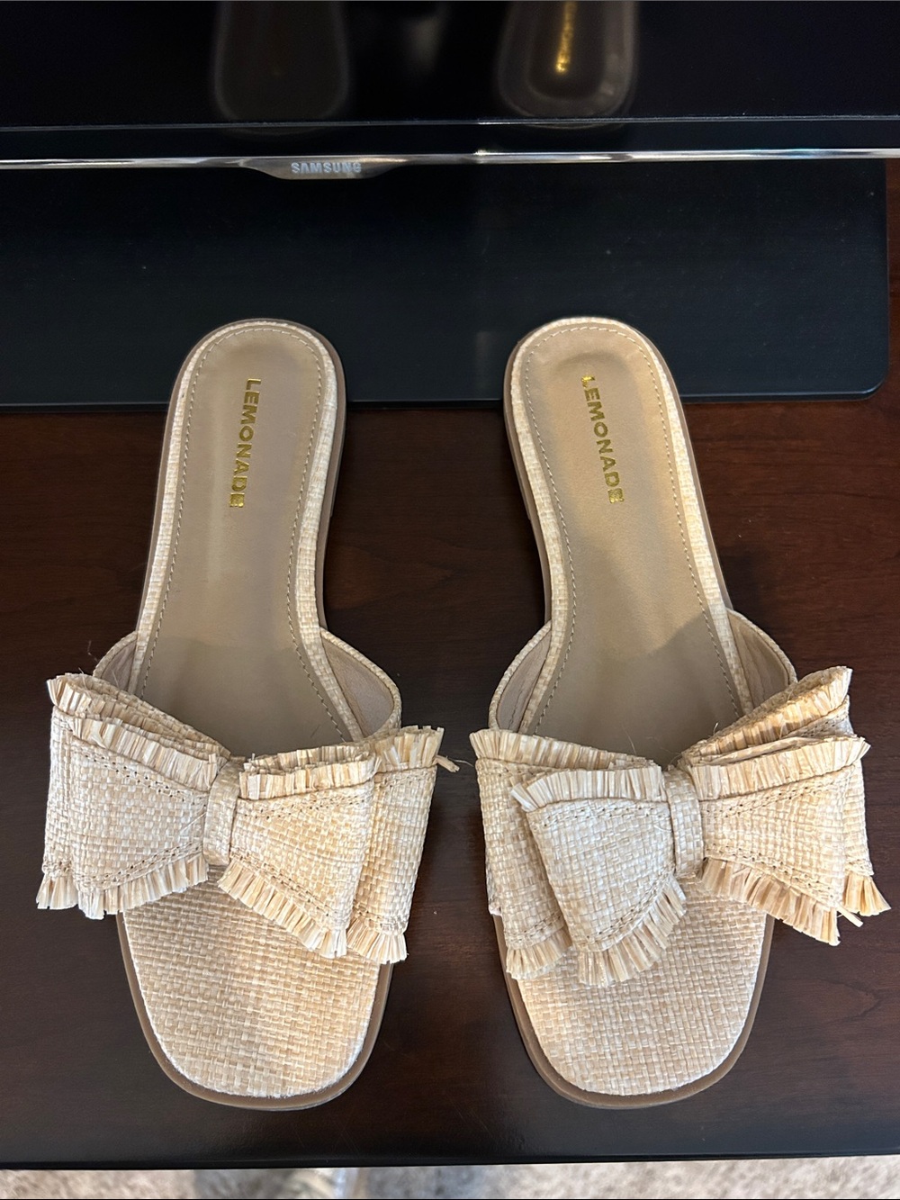 Lemonade Women's Beige raffia Bow Slide Sandals